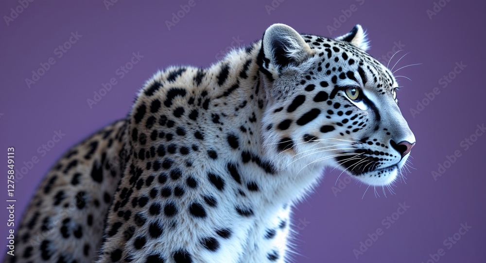 Obraz premium Snow leopard on plain purple background side view portrait