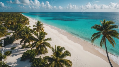Fototapeta Naklejka Na Ścianę i Meble -  Aerial view of a serene Caribbean beach showcasing turquoise waters, white sand, and lush palm trees in a tropical paradise landscape.