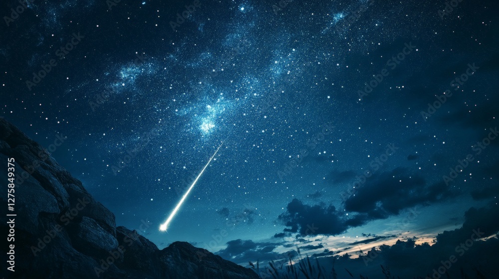Fototapeta premium Bright shooting star streaking across the night sky, illuminating the darkness, symbolizing wishes and dreams.