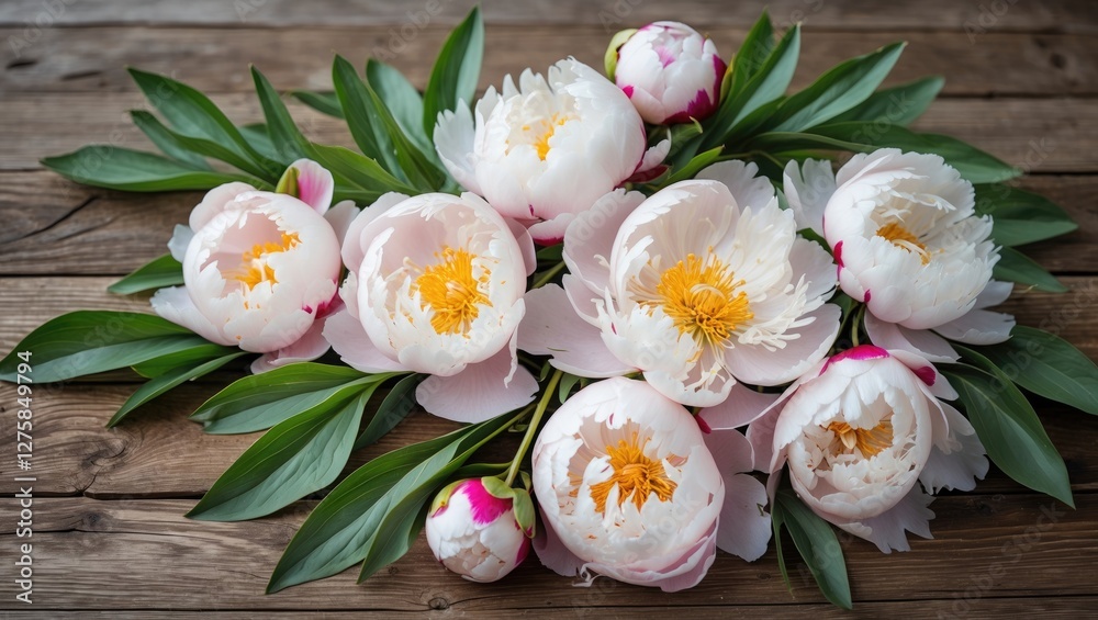 Peonies Arrangement on Wooden Surface with Fresh Green Leaves and Space for Text or Design Elements Peonies Arrangement on Wooden Surface with Fresh Green Leaves and Space for Text or Design Elements