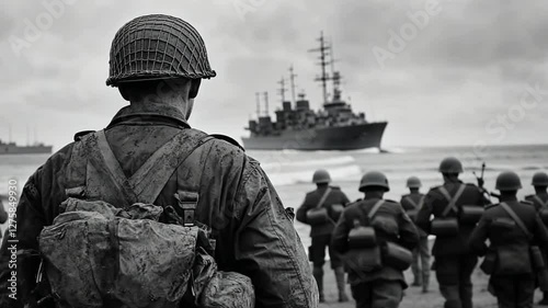 D-Day Landing: A historic black and white photo captures the raw intensity of the D-Day landing, showcasing soldiers in battle gear as they prepare to storm the beaches.