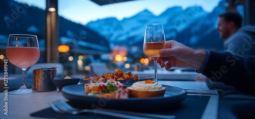Wallpaper Mural Elegant Dining Experience with Mountain Views and Exquisite Cuisine at Dusk Torontodigital.ca