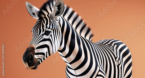 Zebra on plain orange background side view portrait