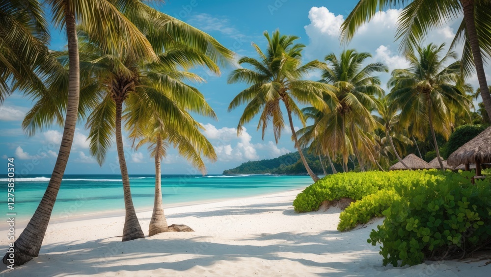 Fototapeta premium Tropical Beach Paradise with White Sand and Coconut Palms Under Clear Blue Sky Scenic Landscape for Travel and Relaxation Themes