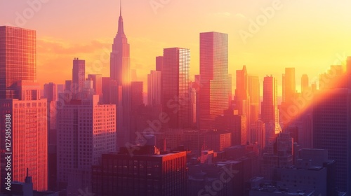 Wallpaper Mural City skyline at sunset, with skyscrapers glowing in warm tones as the last rays of sunlight touch their glass windows. Torontodigital.ca