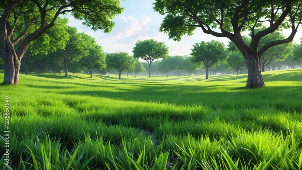 Fototapeta premium Lush Green Landscape with Vibrant Grass and Trees Under Clear Blue Sky in a Serene Outdoor Setting
