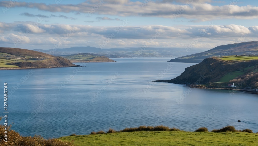 Scenic View of Belfast Lough from Helens Bay Surrounded by Lush Green Hills and Peaceful Waters Under a Cloudy Sky Scenic View of Belfast Lough from Helens Bay Surrounded by Lush Green Hills and Peaceful Waters Under a Cloudy Sky