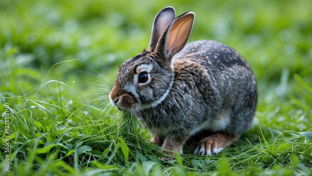 Fototapeta premium Rabbit foraging in lush green grass captured in a close-up shot, highlighting its detailed fur and natural habitat.