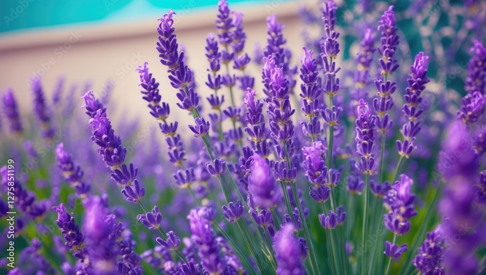 Naklejka premium Lavender Blooms In Close-Up With Blurred Background Highlights Perfume Ingredient Aromatherapy Relaxation Natural Beauty And Serenity