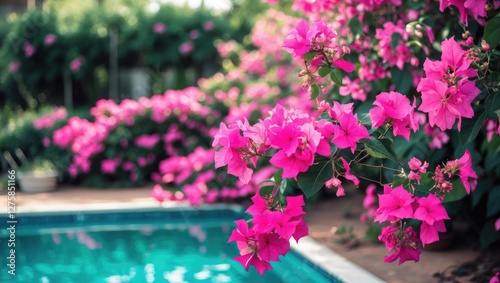 Vibrant Bougainvillea Blooms in Pink Surrounding a Serene Swimming Pool Setting Evoking Vacation and Leisure Vibes