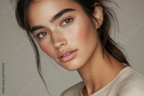 Intimate close-up of a young woman with natural beauty and freckles, showcasing soft features and a serene expression. Generated AI