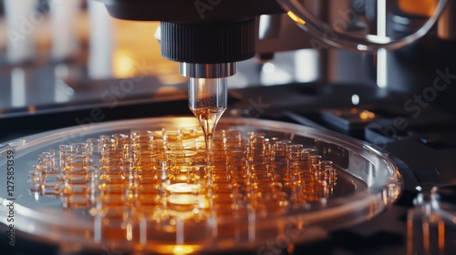 Close-up of an automated pipetting system transferring serum samples onto a diagnostic plate, clinical lab testing. photo