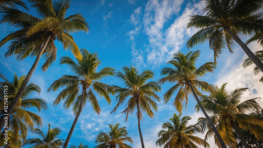 Tropical Paradise with Lush Palm Trees Against a Bright Blue Sky and Whimsical Cloud Patterns Tropical Paradise with Lush Palm Trees Against a Bright Blue Sky and Whimsical Cloud Patterns