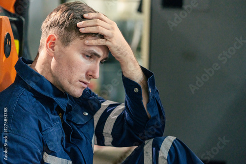 Man in blue work uniform appears stressed while sitting in industrial setting in the afternoon