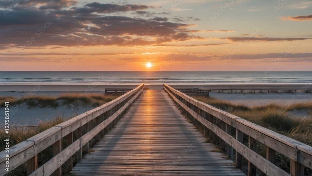 Fototapeta premium Boardwalk Sunset Over Serene Beach Landscape with Tranquil Ocean and Expansive Copy Space for Textual Content