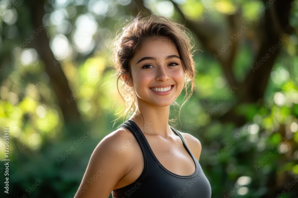 Portrait of a cheerful woman enjoying an outdoor setting with green nature. Generated AI Portrait of a cheerful woman enjoying an outdoor setting with green nature. Generated AI