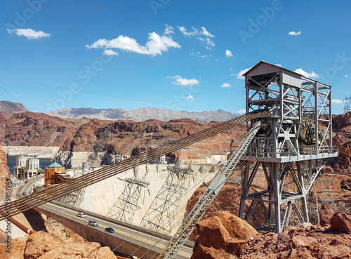 Hoover Dam with Observation Tower and Cables in USA, Desert Landscape