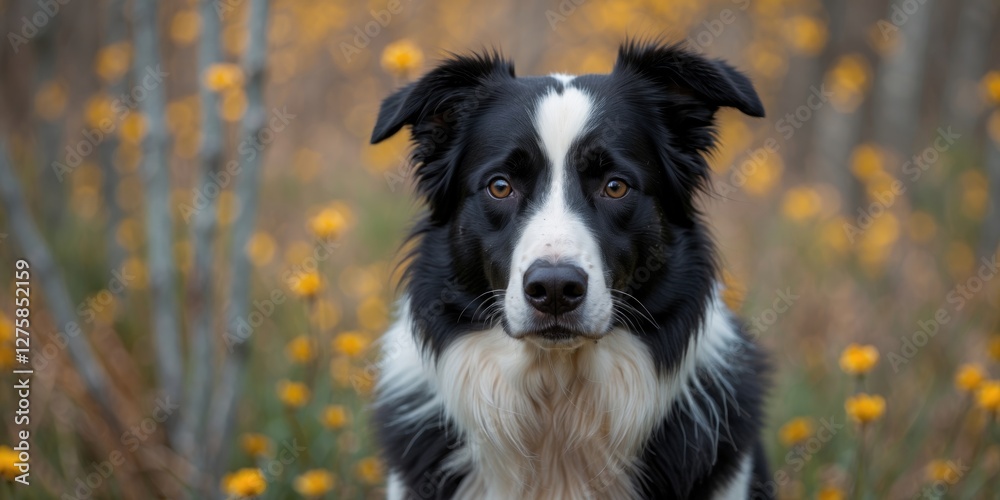 Border Collie Dog Portrait In Nature Surrounded By Yellow Flowers With Blank Space For Text Overlay Border Collie Dog Portrait In Nature Surrounded By Yellow Flowers With Blank Space For Text Overlay