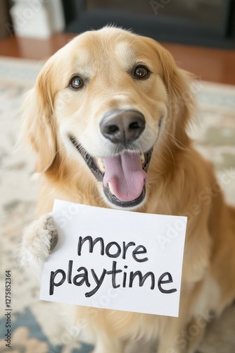 Dog excitedly holds prescription for more playtime in a cozy home setting