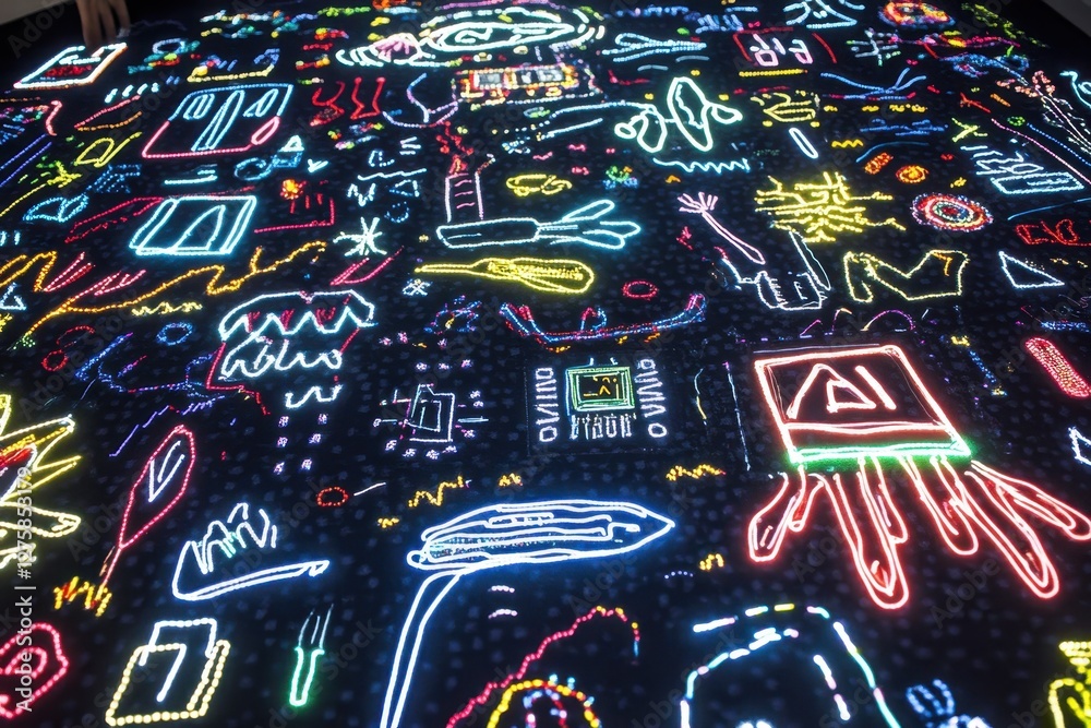 Obraz premium Colorful Neon Light Patterns on Dark Background with Creative Designs