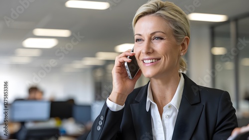 Smiling Businesswoman Professional Phone Call Modern Office Happy Successful Corporate Executive Woman Workplace Communication Businesswoman Talking Mobile Phone Confident Female Entrepreneur Positive