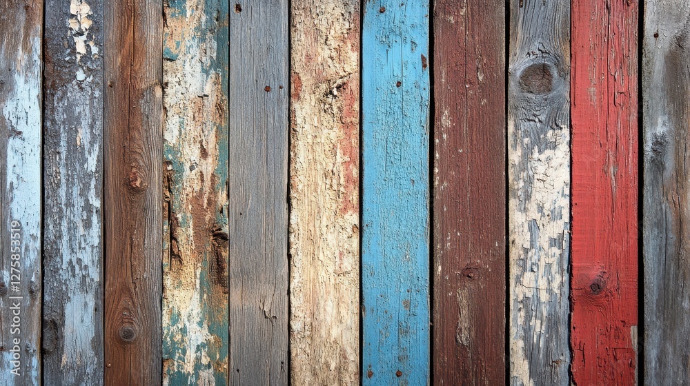 A vibrant wooden wall featuring an array of aged, weathered planks in shades of blue, red, and natural wood tones, creating a rustic charm. A vibrant wooden wall featuring an array of aged, weathered planks in shades of blue, red, and natural wood tones, creating a rustic charm.