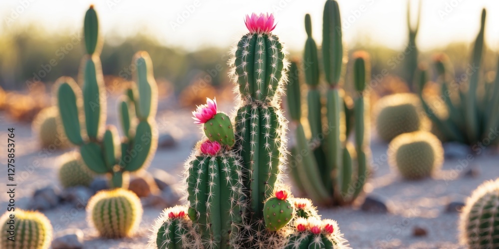 Vibrant Cactus Field with Blooming Flowers in Desert Landscape Fresh Greenery and Natural Beauty for Botanical and Nature Themes Vibrant Cactus Field with Blooming Flowers in Desert Landscape Fresh Greenery and Natural Beauty for Botanical and Nature Themes