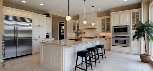 Elegant kitchen interior design with white cabinetry and island