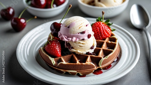 Delicious chocolate waffle topped with cherry, strawberry, and rum raisin ice cream served on a white plate with space for text. photo