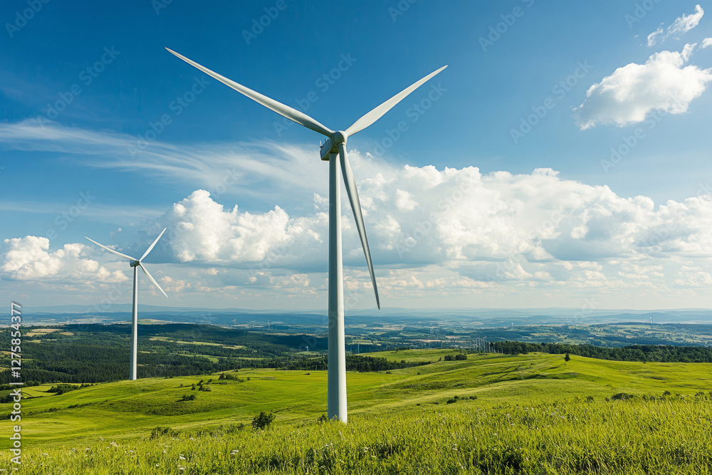 Wind turbines generating clean energy on a green hill under a blue sky with fluffy clouds Wind turbines generating clean energy on a green hill under a blue sky with fluffy clouds