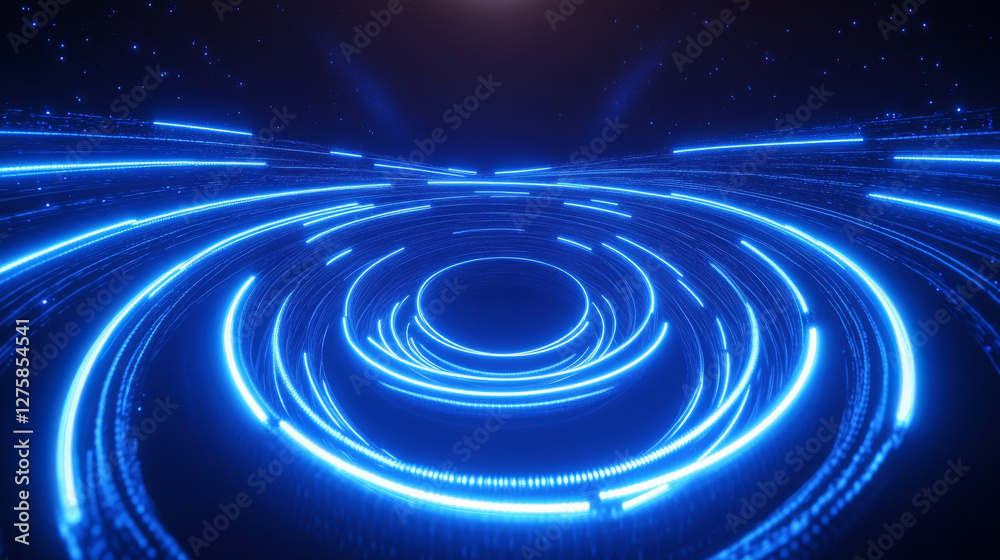 Neon light flare circles on black background. Vector realistic illustration of round blue lines glowing in darkness, lens refraction, shiny halo, futuristic teleport, sparkling space galaxy portal Neon light flare circles on black background. Vector realistic illustration of round blue lines glowing in darkness, lens refraction, shiny halo, futuristic teleport, sparkling space galaxy portal