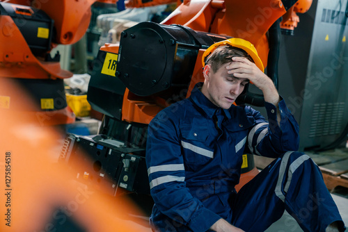 Worker showing signs of stress while surrounded by industrial robots in a manufacturing facility