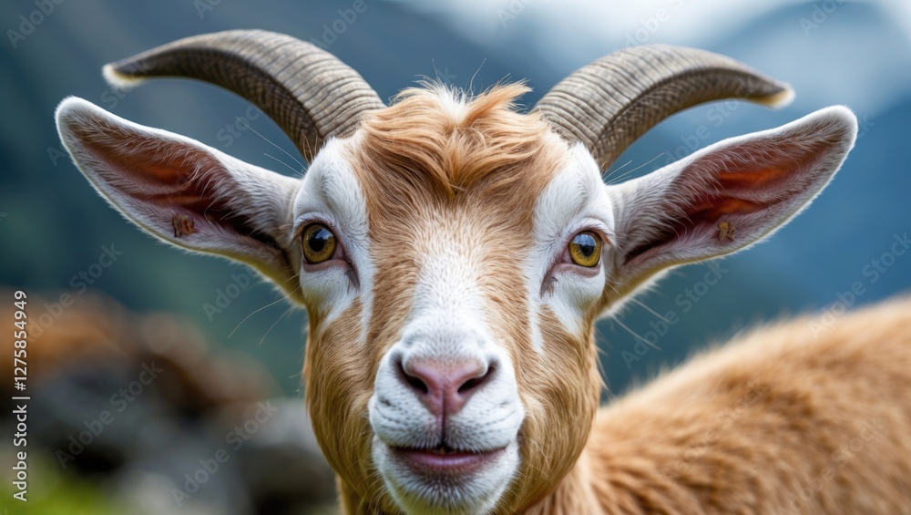 Captivating Close Up Portrait of a Whimsical Goat with Distinctive Features Set Against a Scenic Natural Background