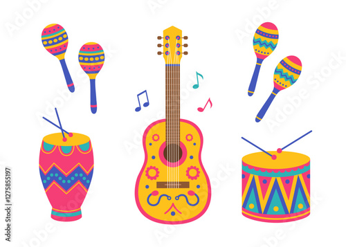 Colorful ethnic musical instrument set with guitar, drum, drumsticks, conga, maracas and notes. Latin music festival, brazil carnival collection. Vector flat illustration isolated on white background