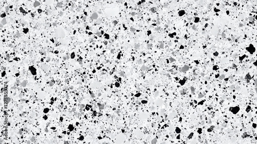 A close-up view of a terrazzo surface featuring a blend of black and white chips, creating a sophisticated and modern aesthetic. A close-up view of a terrazzo surface featuring a blend of black and white chips, creating a sophisticated and modern aesthetic.