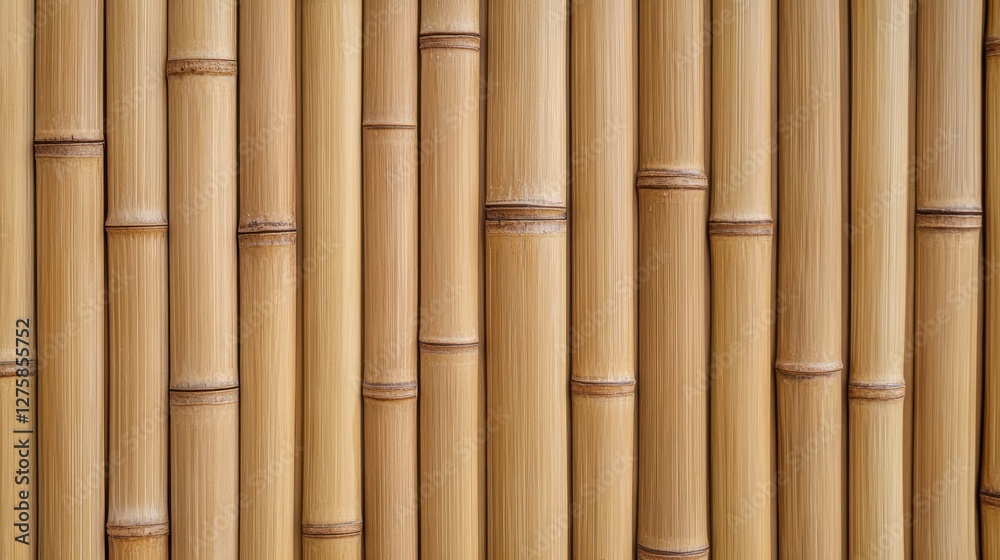 A close-up view of a textured bamboo wall, showcasing the natural patterns and warm tones of the bamboo stalks.