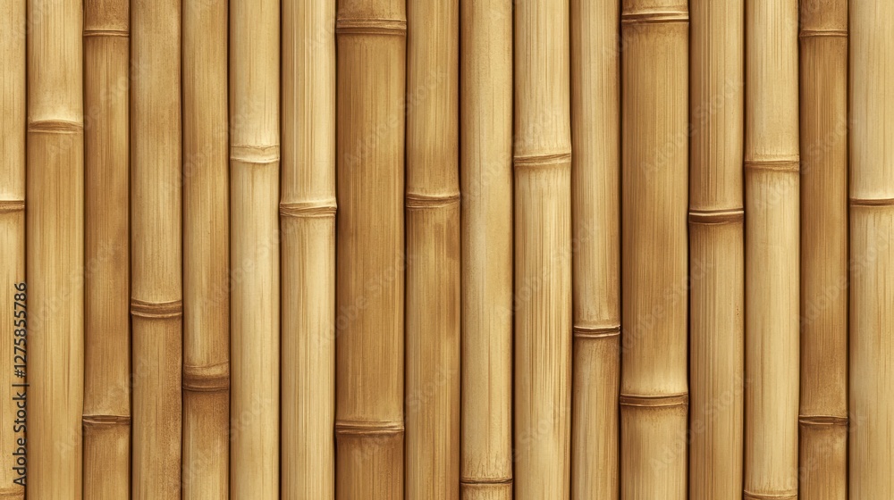 Fototapeta premium Textured bamboo wall background featuring a series of vertical bamboo stalks with warm, natural tones.