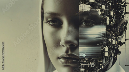 Human and machine blend in a futuristic exploration of technology and identity