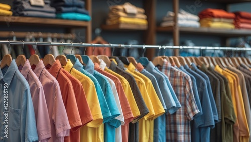 Wallpaper Mural Colorful Male Shirts Displayed on Clothesline in Retail Store with Wooden Hangers and Space for Text in Clothing Store Environment Torontodigital.ca