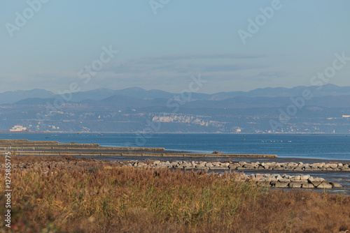 Obraz na płótnie ambiente naturale costiero del Mare Adriatico con bassa marea, vicino al Golfo di Trieste, colorato di arancione dalla luce del sole al tramonto, in inverno w salonie