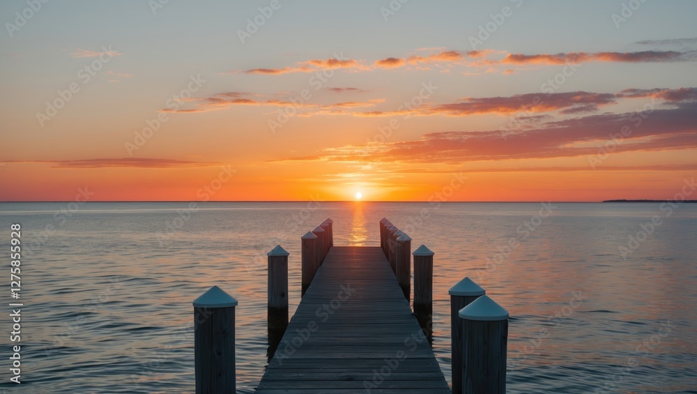 Tranquil Coastal Sunset Over Serenity Dock with Reflective Waters and Vibrant Sky in Soft Evening Light Tranquil Coastal Sunset Over Serenity Dock with Reflective Waters and Vibrant Sky in Soft Evening Light