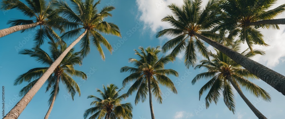 Coconut Palm Trees Against a Clear Blue Sky Viewed From Below with Lush Green Canopy and Tranquil Atmosphere Coconut Palm Trees Against a Clear Blue Sky Viewed From Below with Lush Green Canopy and Tranquil Atmosphere