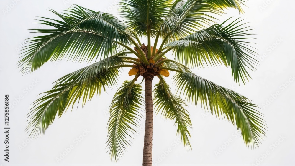 Coconut Palm Tree Against White Background Elegant Tropical Foliage Ideal for Nature and Travel Themes Coconut Palm Tree Against White Background Elegant Tropical Foliage Ideal for Nature and Travel Themes