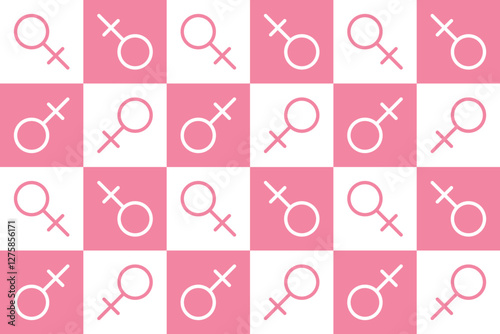 Geometric Seamless pattern with sign Venus. Cute square icons in white and pink color background symbol of feminine. Girly flat illustration. Mosaic trendy endless wallpaper print textile girl power.