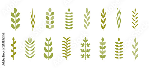 Spring leaves from simple geometric shapes set. Flat style branches with a straight stem for summer card banner poster. Green Plants and herbs botanical elements. Minimalist trendy icons collection.