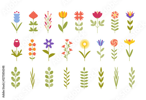 Abstract Flowers and Leaves from simple geometric shapes set. Spring and summer floral decoration in flat style. Botanical elements for poster cover banner card. Bright plant icons collection.