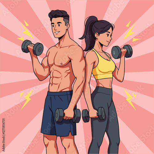 Man and Woman Working Out with Dumbbells Illustration with Energy Vibes