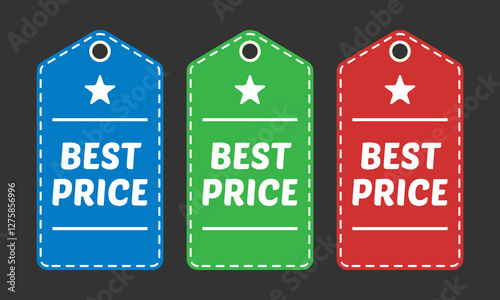 Colorful best price tags. Set of minimalist blue, green, and red price tags. Flat style vector illustration for marketing and retail purposes