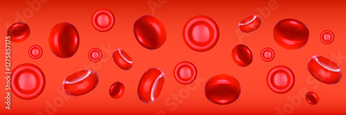 3d render streaming blood cells in through artery. Vector illustration for medical background in realistic style.