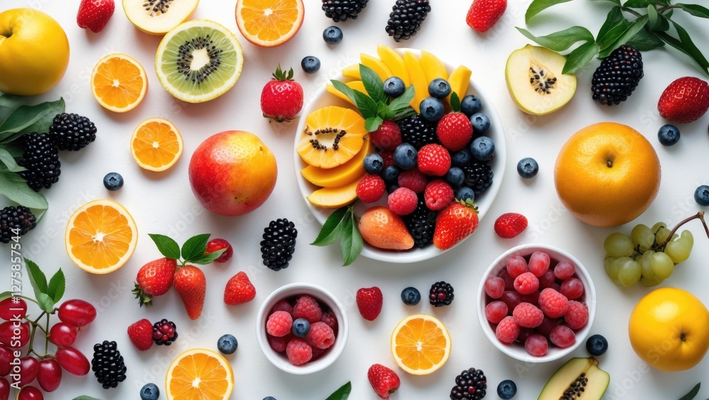 Colorful Summer Fruit Arrangement on White Surface with Fresh Berries and Citrus for Health and Nutrition Concepts Top View Flat Lay Colorful Summer Fruit Arrangement on White Surface with Fresh Berries and Citrus for Health and Nutrition Concepts Top View Flat Lay
